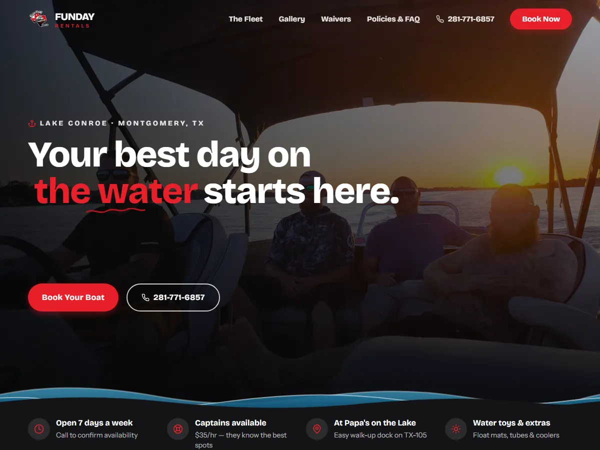 Funday Rentals website — boat rental homepage with sunset hero
