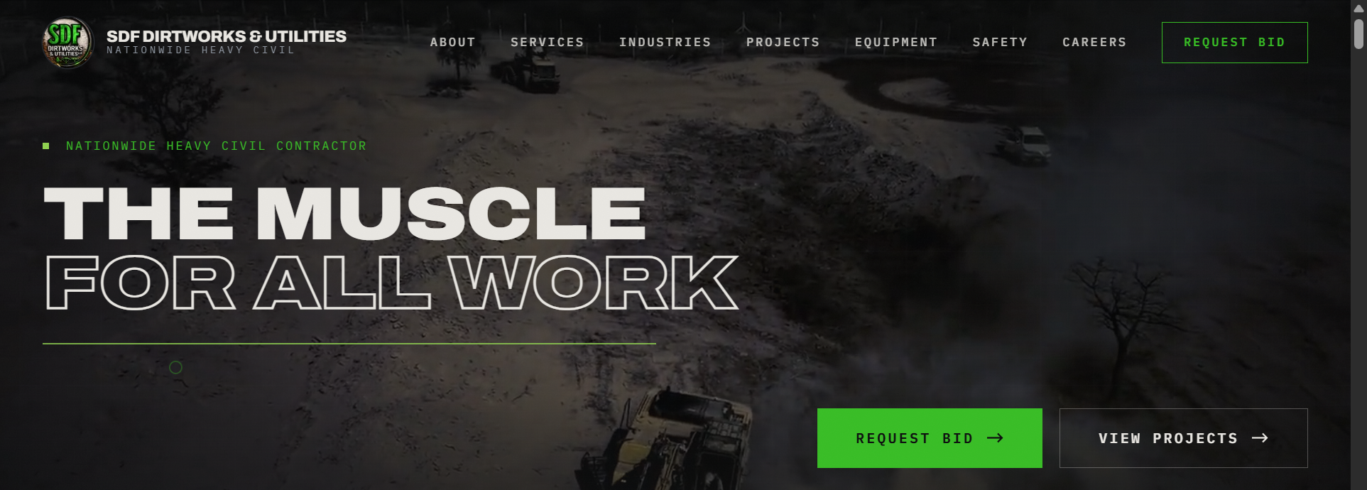 SDF Dirtworks desktop site, hero only