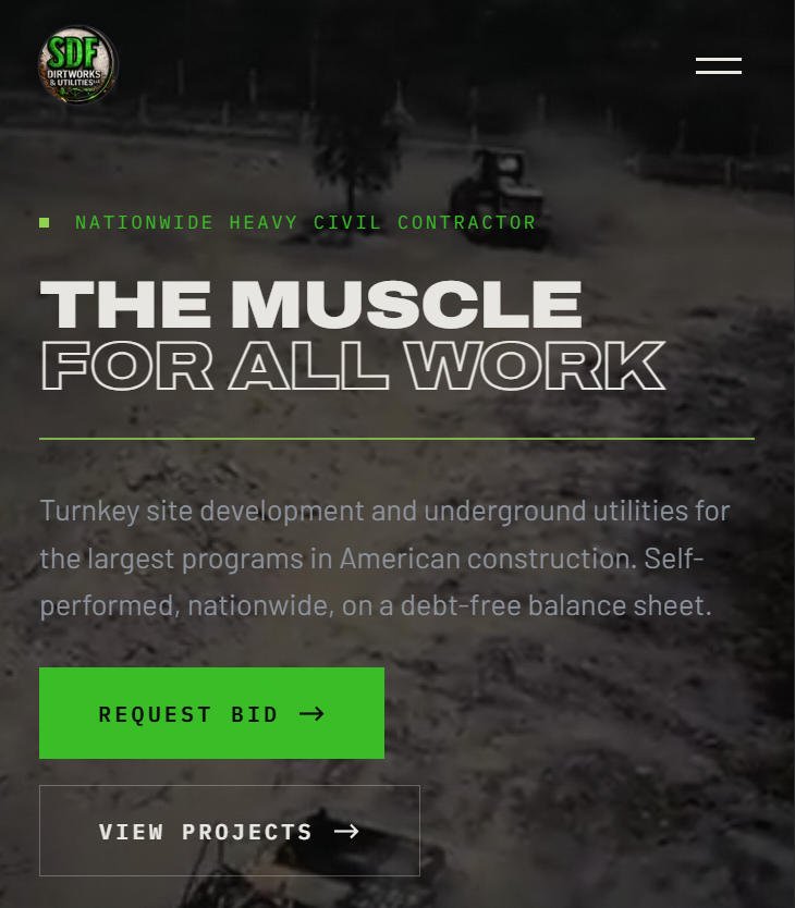 SDF Dirtworks mobile site, hero only